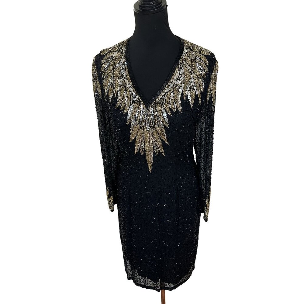 Vtg Black Gold Womens Sequin Beaded Dress V Neck Open Back Medium 10 Silk Formal